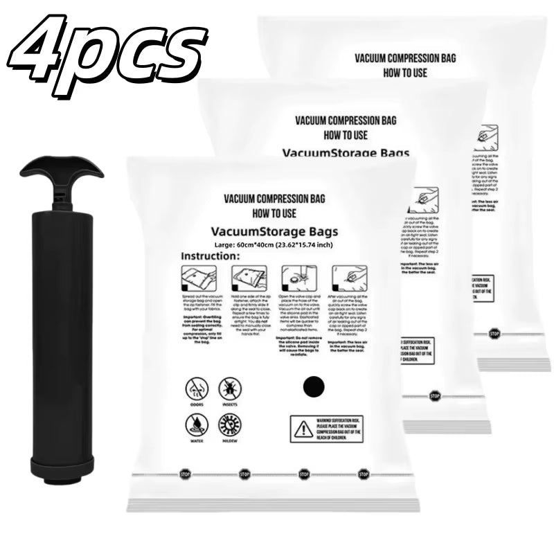4Pcs Vacuum Storage Bags with Hand Pump | Space-Saving Airtight Compression for Clothes, Bedding, Blankets